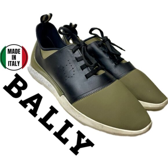 BALLY MADE IN ITALY SNEAKERS AESTHETIC GREEN OLIVE NEOPRENE BLACK LEATHER  SZ 13 - Picture 1 of 16